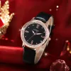 A rose gold diamond-encrusted bezel and black leather strap ladies' watch Specification image